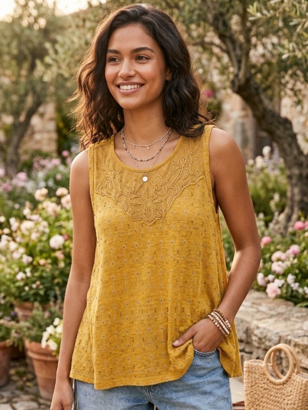 Lucky Brand Embroidered Yoke Tank Top, Yellow, Large